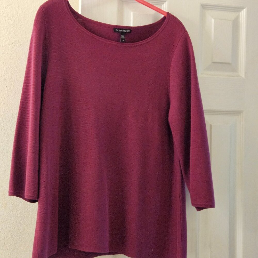 Eileen Fisher dark pink 80% silk cotton 3/4 sleeves pullover shirt blouse large